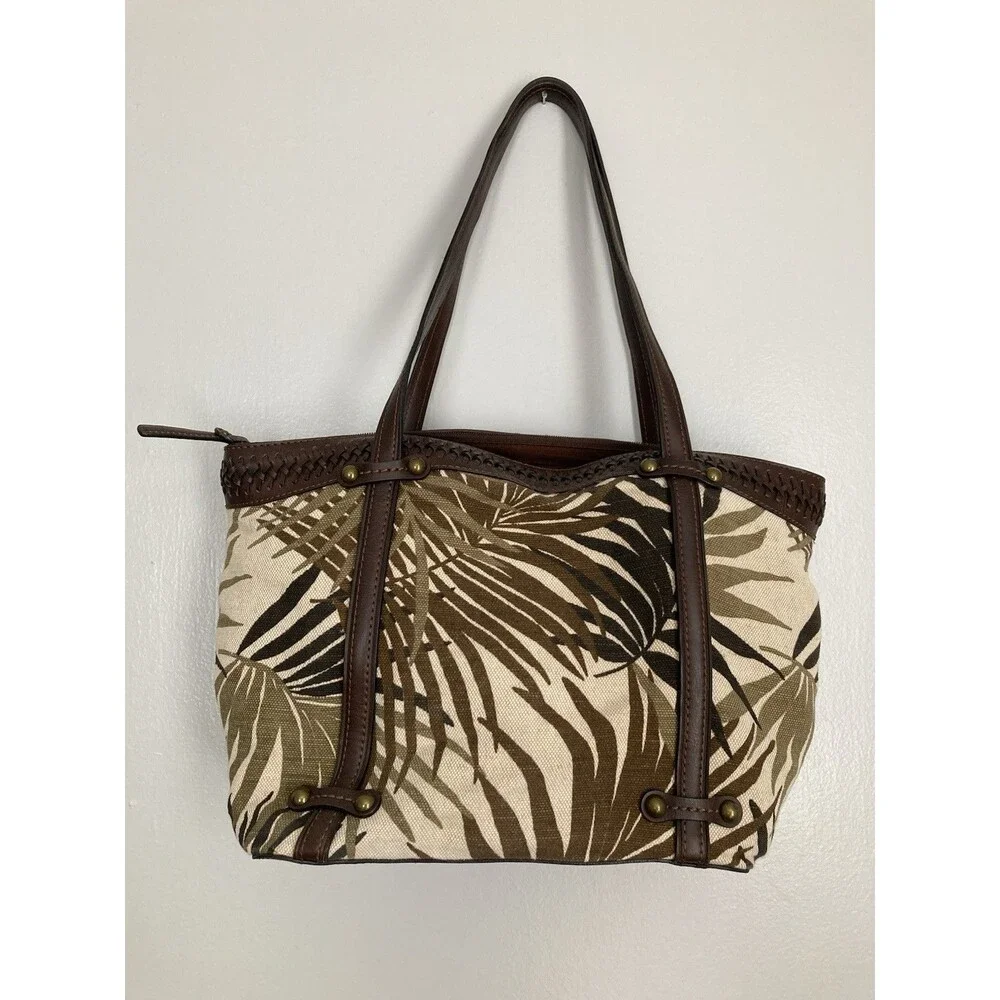 Fossil Palm Print Satchel Tote Leather Canvas Brown Excellent